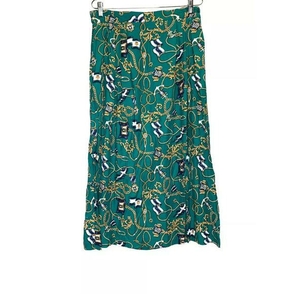 vintage Portraits by Northern Isles a line skirt size 12 green gold chain print - Picture 1 of 9